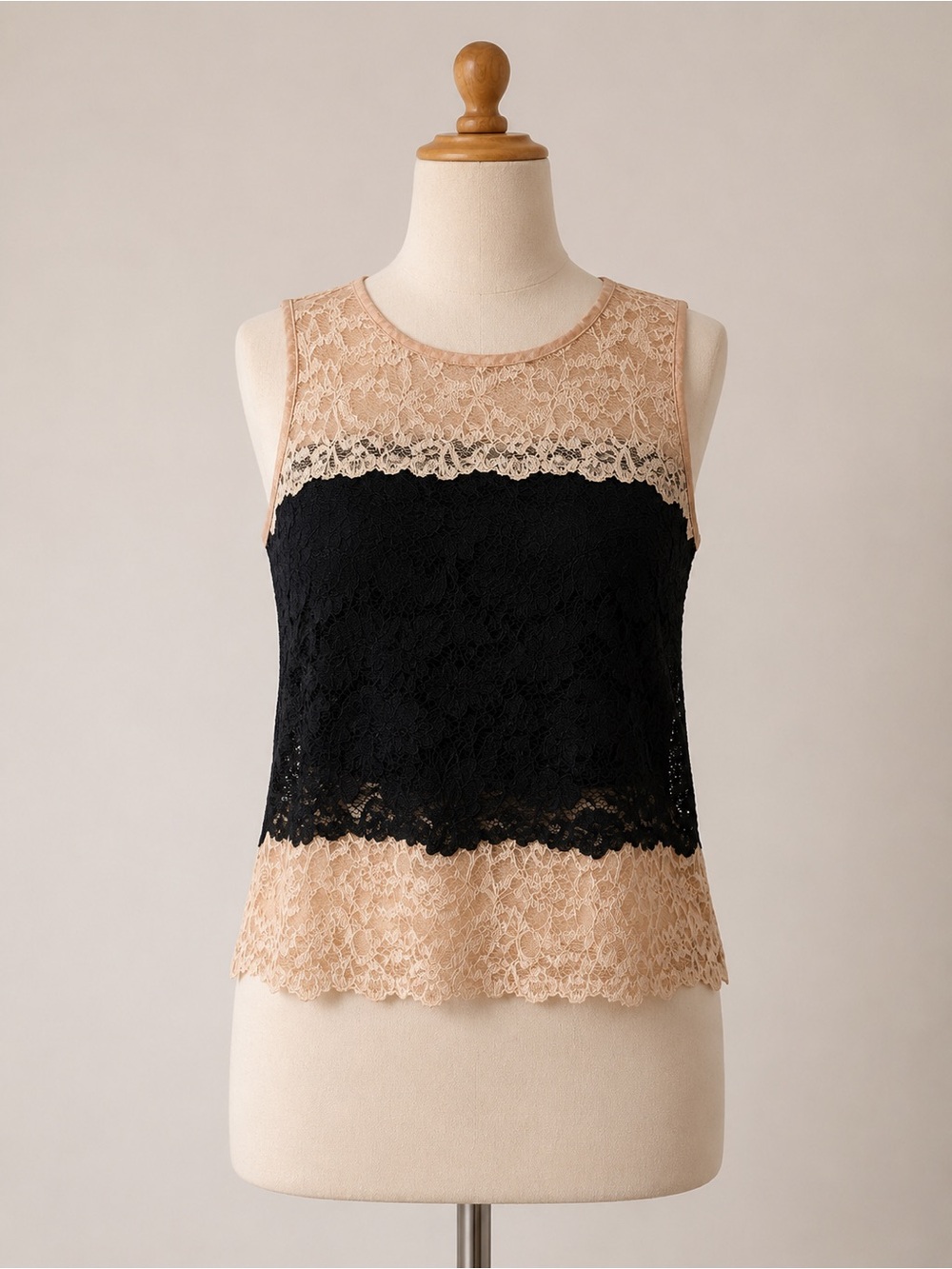Zara Black and Beige Lace Sleeveless Blouse